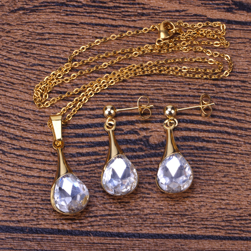 Fashion Water Droplets Stainless Steel Plating Zircon Earrings Necklace 1 Set