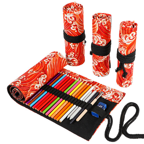 Japanese style printed canvas pen curtain 12 24 36 48 72 holes large capacity pencil bag sketch color pencil box