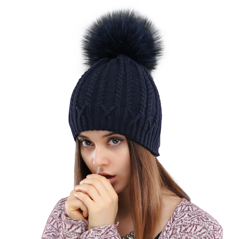 Vinterstickad varm ull för kvinnor mårdhundboll Öronskydd Enfärgad mångsidig dubbellagers tröjahatt_voghion.com