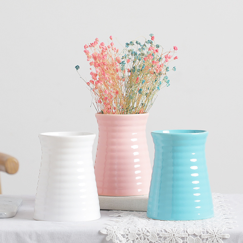 Factory direct ceramic vase white thread spiral stripe basin crafts ornaments flower arrangement wholesale
