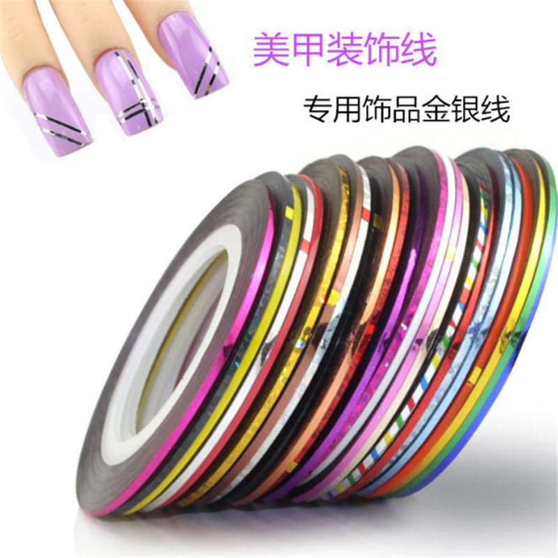 Directo de fábrica del arte del clavo de Oro y Plata línea de pegatinas con adhesivo láser pintado línea uñas pegatinas 36 colores 20m en stock