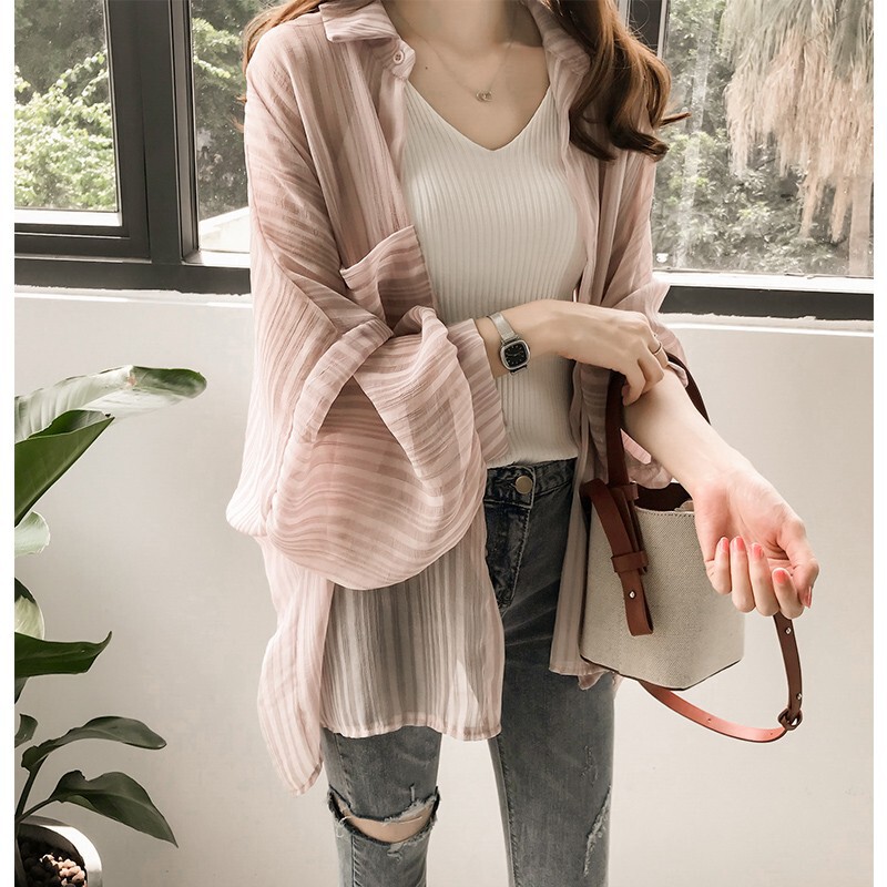 2022 Korean Style Loose Lantern Sleeve Dark Pattern Shirt Women's Chiffon Cardigan Sun Protection Shirt Jacket Trendy and Versatile Fashion