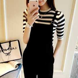 套装背带裤子+条纹t恤学妹宽松时尚两件套韩版气质装夏季新款女装