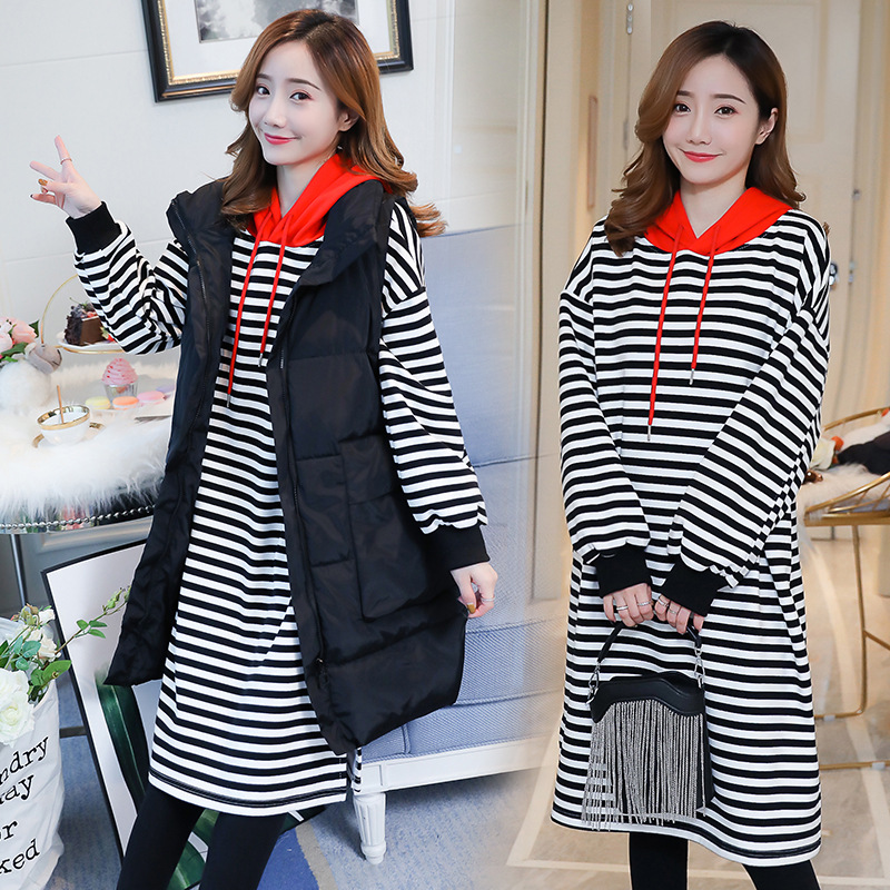 pregnant woman suit pure cotton Plush Hooded Wei Yi skirt Mid length version pregnant woman Down cotton Vest Two piece set
