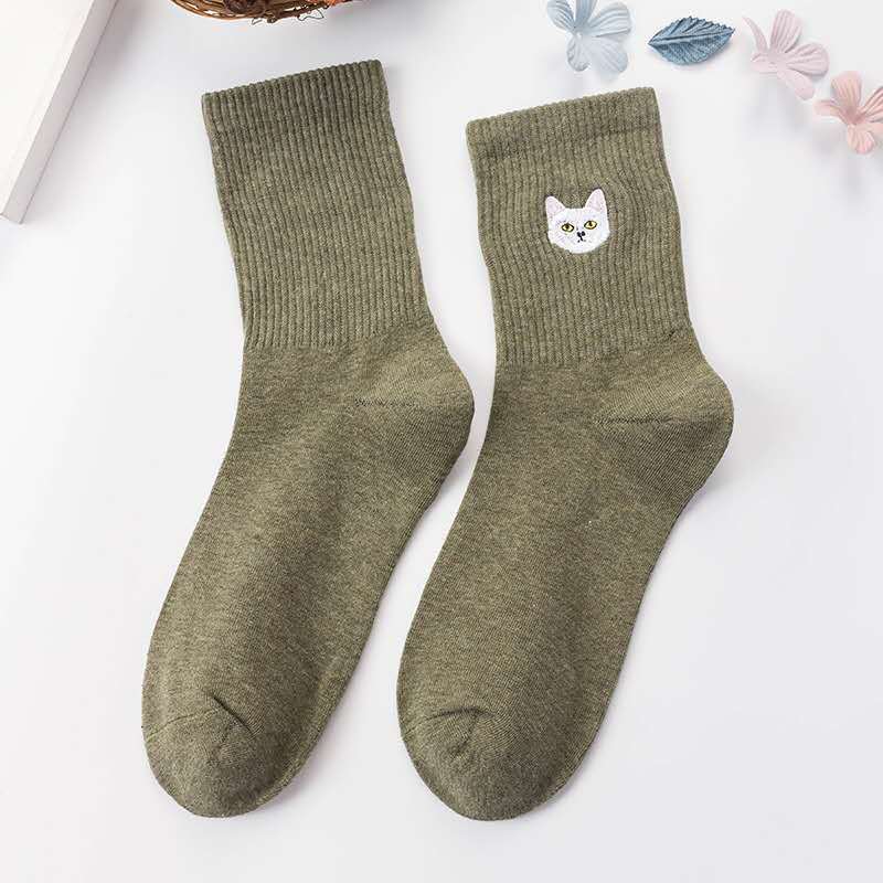 Cat Embroidered Sock Black