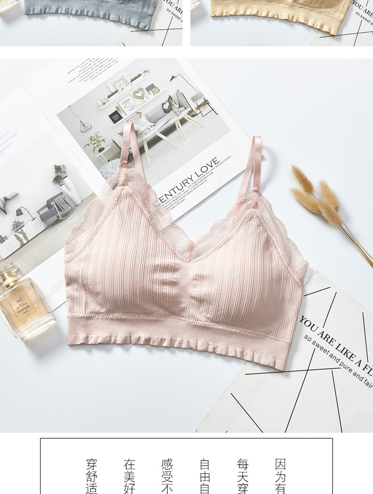 2020 new seamless ribbed lace adjustable back-hugging, popular women's bra with chest pads and no steel rings detail image 5