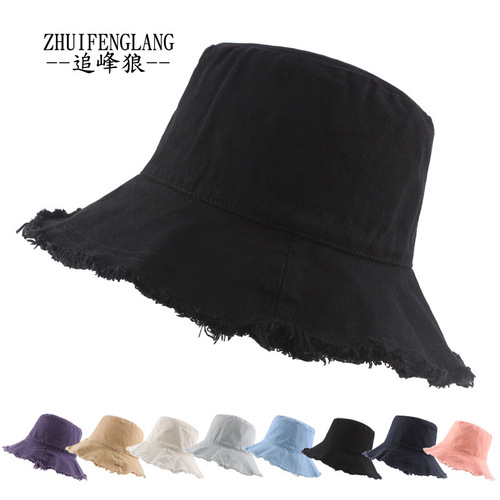 Cotton fur-edged basin hat Japanese solid color denim fisherman hat women's sun hat fashionable frayed washed canvas hat