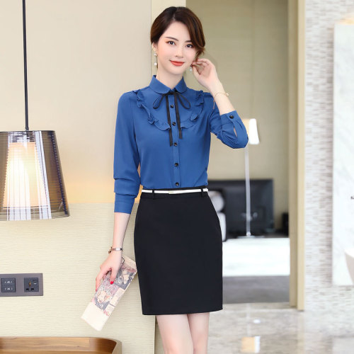 Lotus Leaf Edge Long-Sleeve Shirt with Korean Style Bow Ties and Adjustable Bands, Stylish and Versatile Office Lady Fashion Top, Item No. 6829