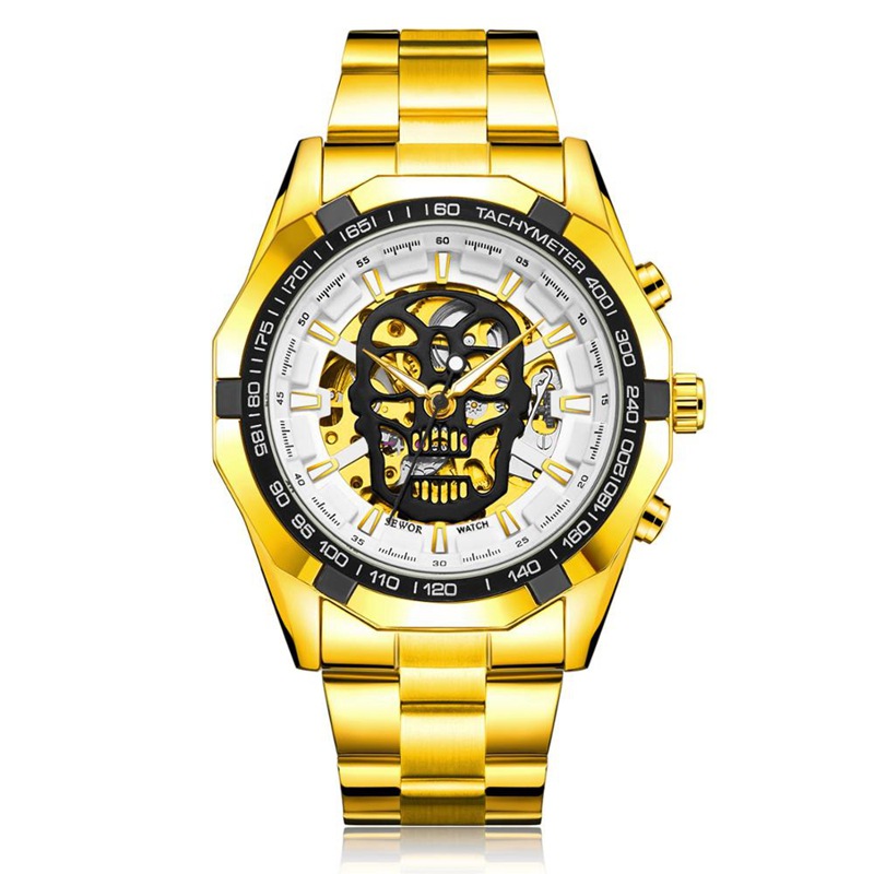 SEWOR correa de acero de la moda de los hombres reloj mecánico automático cráneo luminoso impermeable reloj hueco transparente inferior 740