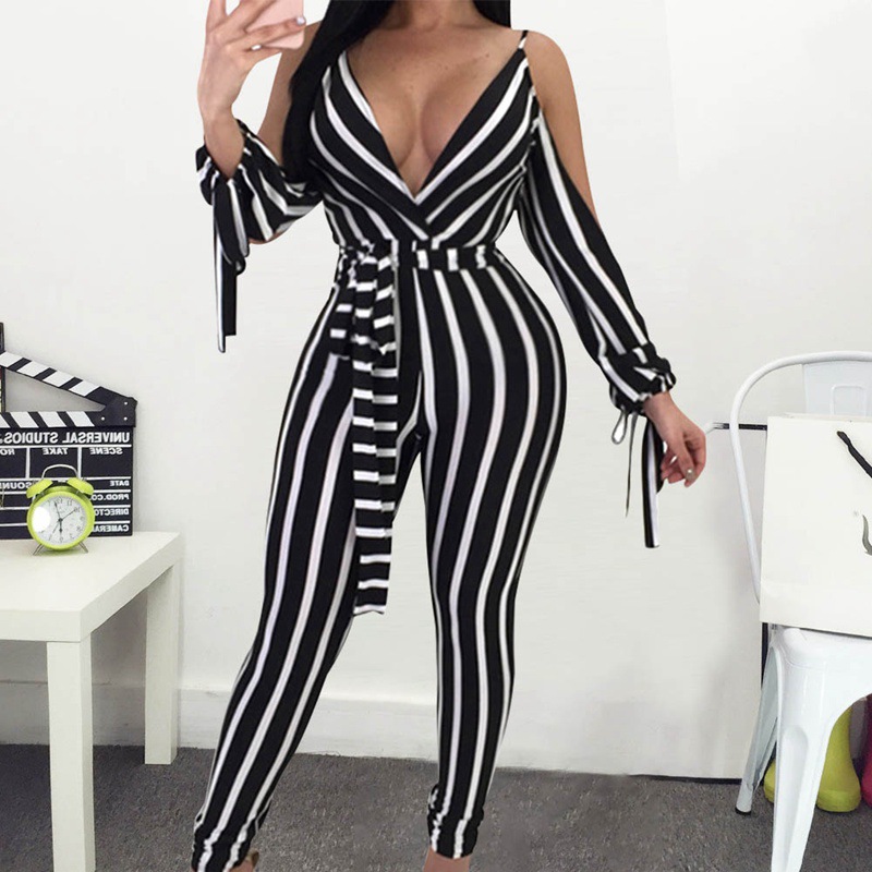 sexy deep V backless straps off-shoulder long sleeve striped jumpsuit NSHEQ55268