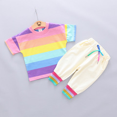 Boys' Short Sleeve Set 2023 New Summer Outfit Children's Baby Kids Multicolor Rainbow Striped Two-Piece Set