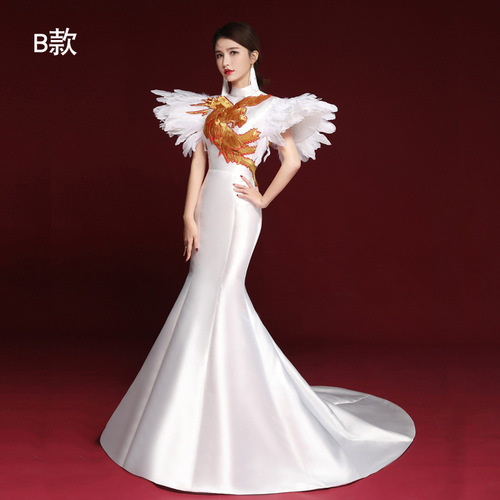 Women Chinese dresses qipao dresses White feather performance cheongsam dresses atmosphere stage performance exaggerated show cheongsam