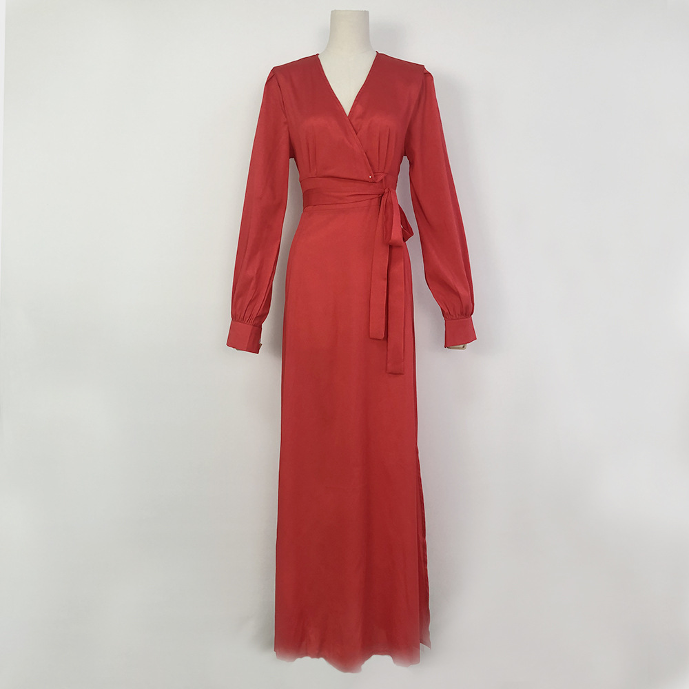 European And American Women's Clothing Cross-border Bohemian Deep V-neck With Slit, Slim-fit Solid Color Long Dress,_ecoleips.com