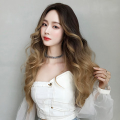 Golden hand-rolled wig for women with long hair, full headband, natural fluffy curly hair, big waves, fashionable temperament, full long curly hair