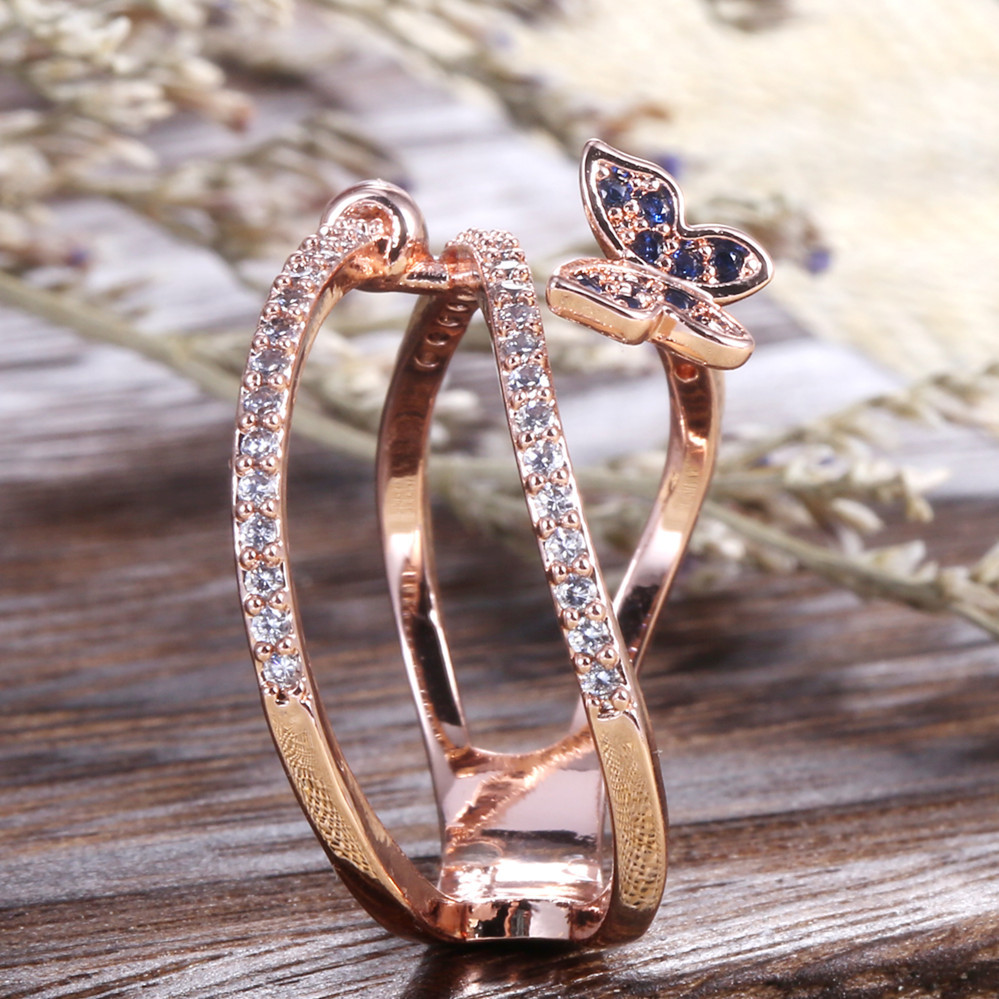 new creative blue butterfly shape micro-set zircon fashion ladies copper ring