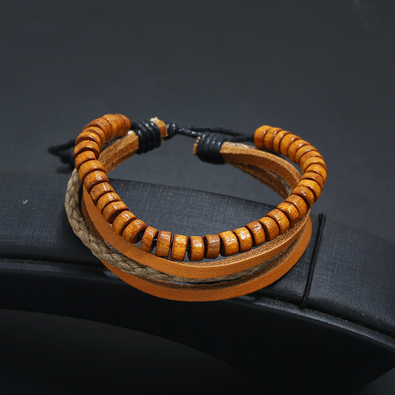 Vintage Multi-layer Cowhide Bracelet New Wooden Bead Bracelet Simple Bracelet Bracelet Wholesale