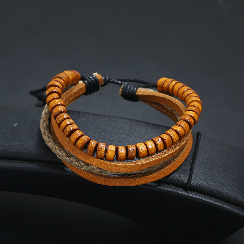 Vintage Multi-layer Cowhide Bracelet New Wooden Bead Bracelet Simple Bracelet Bracelet Wholesale display picture 2