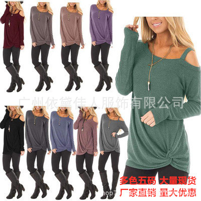 亚马逊WISH爆款 2019外贸秋冬季新款热卖长袖T恤欧美爆款扭结上衣|ms