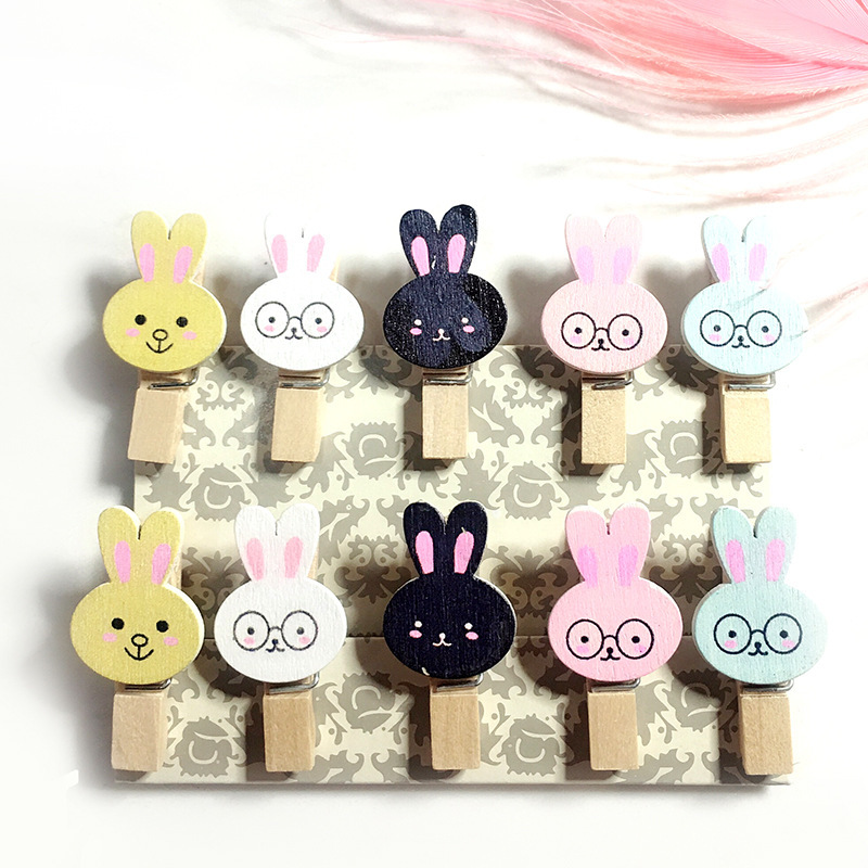 10个装卡通兔子木夹可爱创意便签夹节日装饰照片夹木夹子|ms