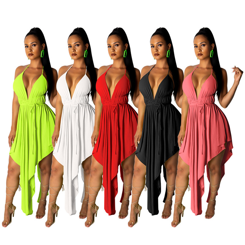 Black red green white halter neck singers nightclub bar performance dresses for women slim suspender sexy backless irregular dress