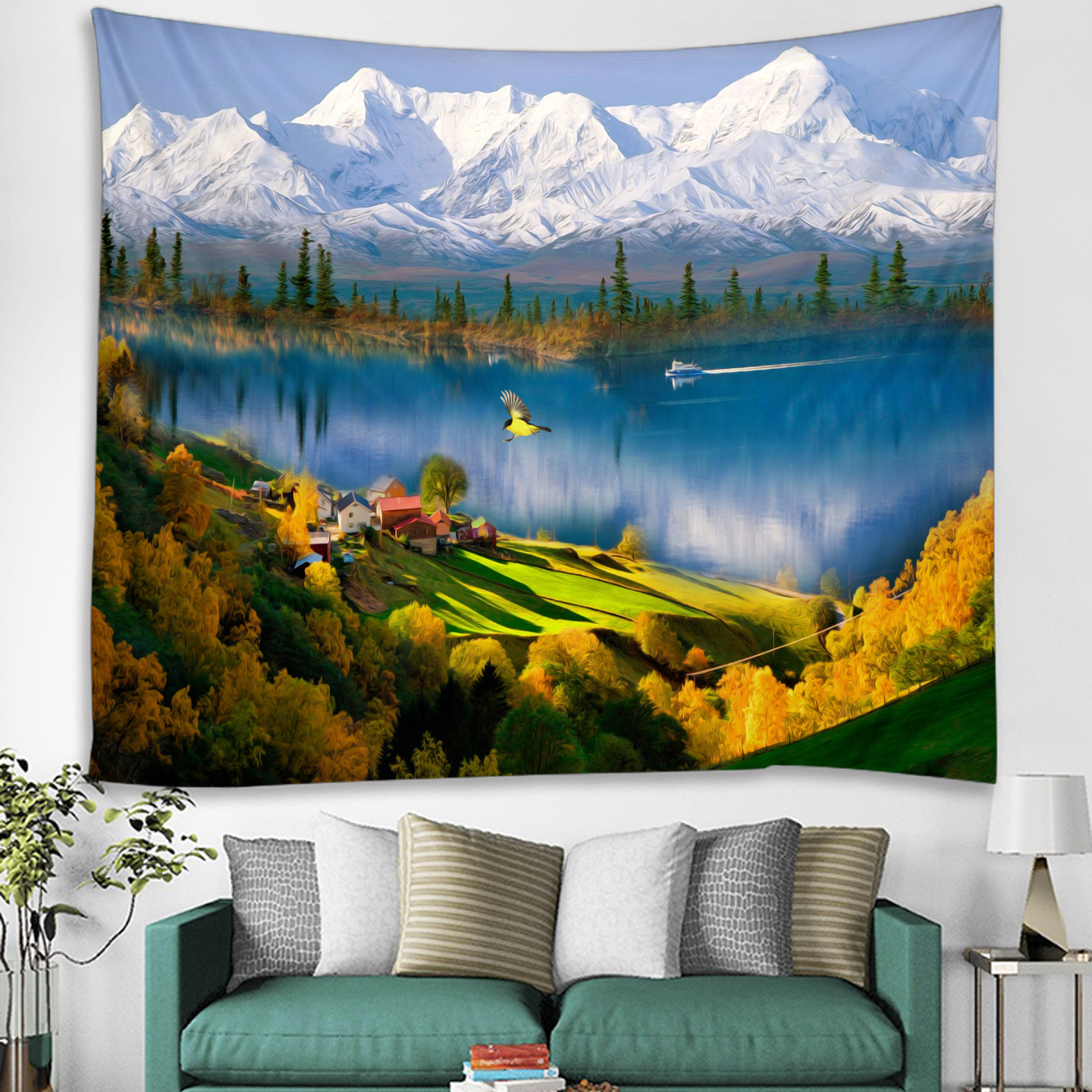 跨境电商批发  数码印花风景油画挂毯墙面装饰背景布挂布卧室壁挂