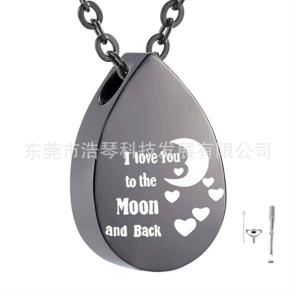 Мемориал ПЭТ пекла шкатулка ожерелье из нержавеющей стали черный капли-образный открытой Луны любовь пекла шкатулка кулон