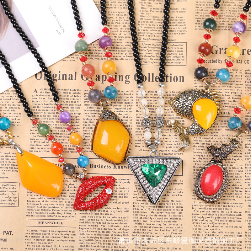 韩版毛衣链服饰配件合金镶嵌水钻宝石天鹅项链琥珀饰品带链展销|ms