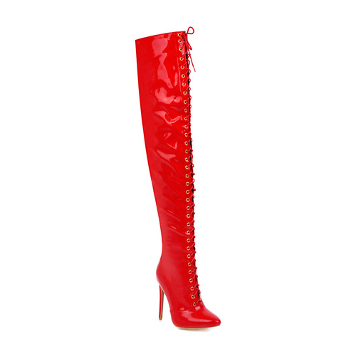 Women young girls patent leather jazz hot pole dance shoes nightclub bar singers stage performance boots fine with pointed bind knee-high boots pole dancing boots