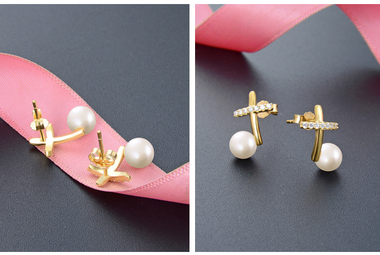 S925 Silver Diamond Cross Gold Color Pearls Earrings Jewelry display picture 2