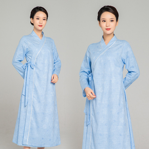 Linen tai chi clothing chinese kung fu uniforms collar robe long retro performance dress