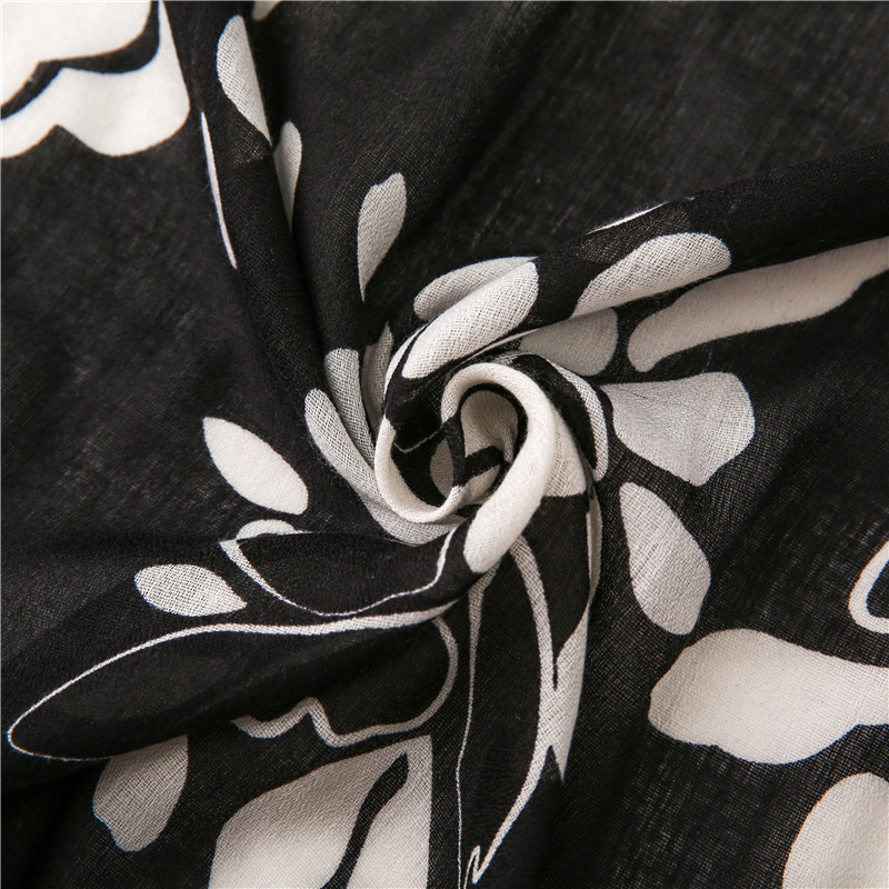 200g Weight Flower Pattern Women'S Gender Sweet Style Black And White Printed Cotton And Linen Scarf Sunscreen Scarf Silk Scarf Long Shawl 6