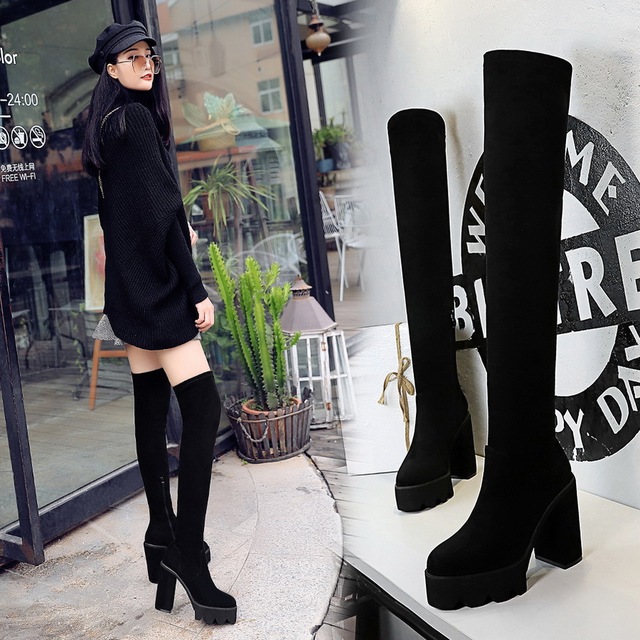 Korean version boots with thick heel， super high heel， thick bottom， waterproof platform， thin suede， slim foot， trend k