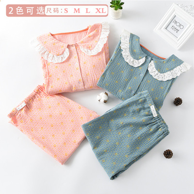 韩版月子服春秋纯棉纱布产后孕妇装睡衣女哺乳装喂奶衣家居服套装|ms