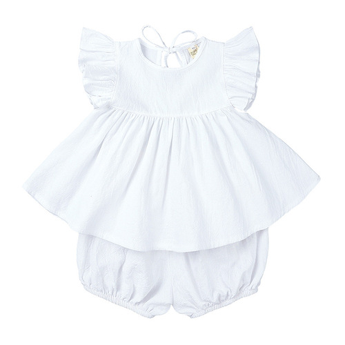 Foreign trade children's clothing Korean style girls summer cotton and linen suit baby girl thin flying sleeve top shorts two-piece set
