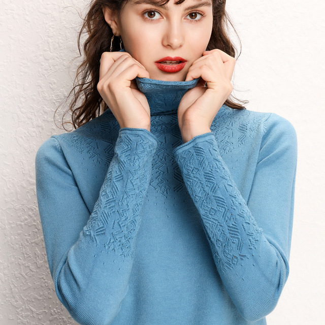 2019 new style wool knitwear women’s solid color hollow pile neck cashmere sweater Korean slim bottom coat