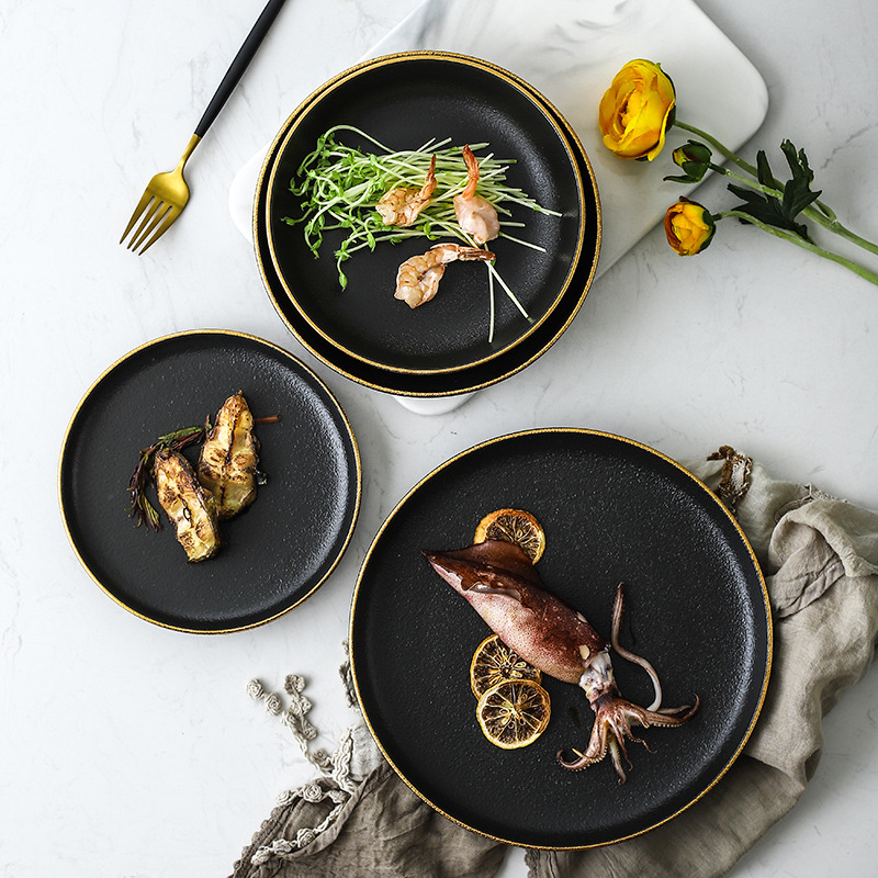 Nordic ins creativo borde de oro Punto de pulverización negro patrón de piedra vajilla placa de cerámica occidental placa traje de carne plato de aperitivos