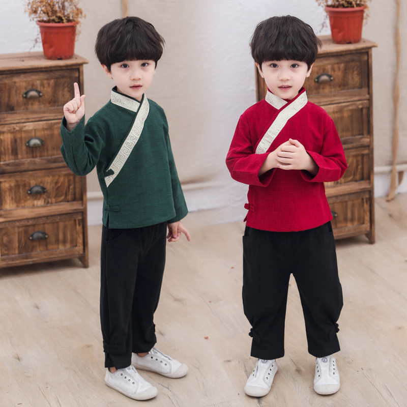 中小童儿童汉服套装2019秋季新男童复古金边提花汉服套装民族服装|ms