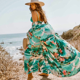 Ramen Cotton Crane Print Large Size Loose Beach Coat Sun Protection Coat Mid-length Cardigan Swimwear Blouse Skirt Women's 848