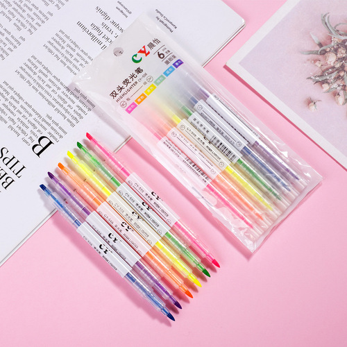 Dual-Head Fluorescent Highlighters, 6 Colors, Focal Point Markers, Candy Fluorescent Pens, Creative Dual-Color Watercolor Markers, Wholesale