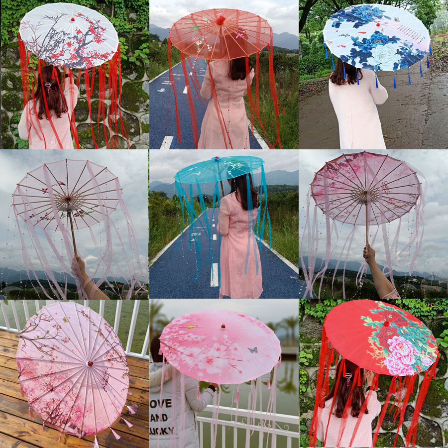 珠帘伞摄影道具伞 加飘带流苏古装伞旗袍汉服演出伞 绸布舞蹈伞