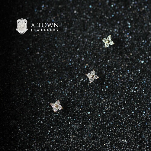 S925 sterling silver stud earrings 14K gold mini stud earrings flower set with diamonds versatile four-leaf flower zircon ear bone stud earrings