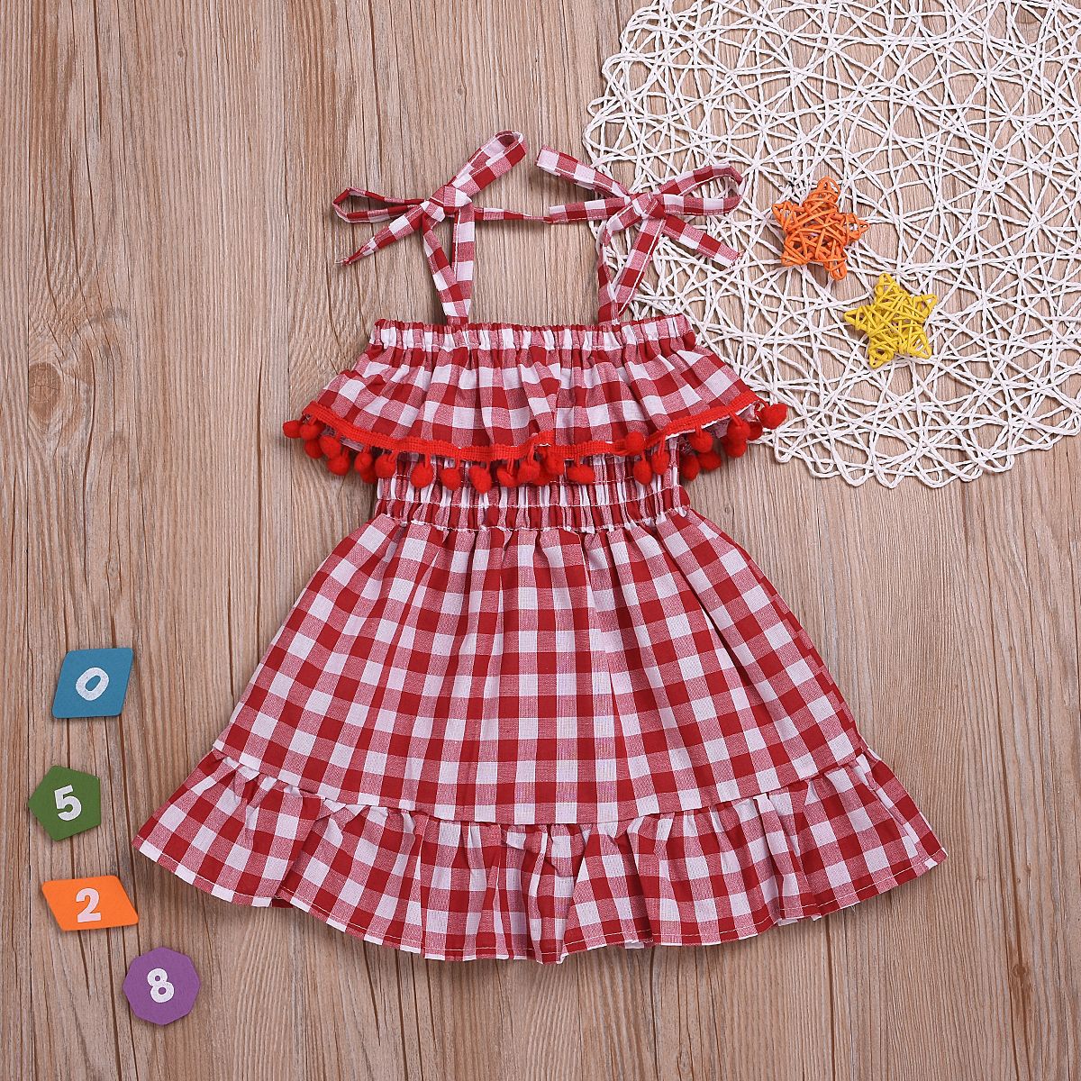 Girls' Dresses Summer New Style Lace Red Plaid Sling Princess Dress Children's Clothes Wholesale Nihaojewelry display picture 5