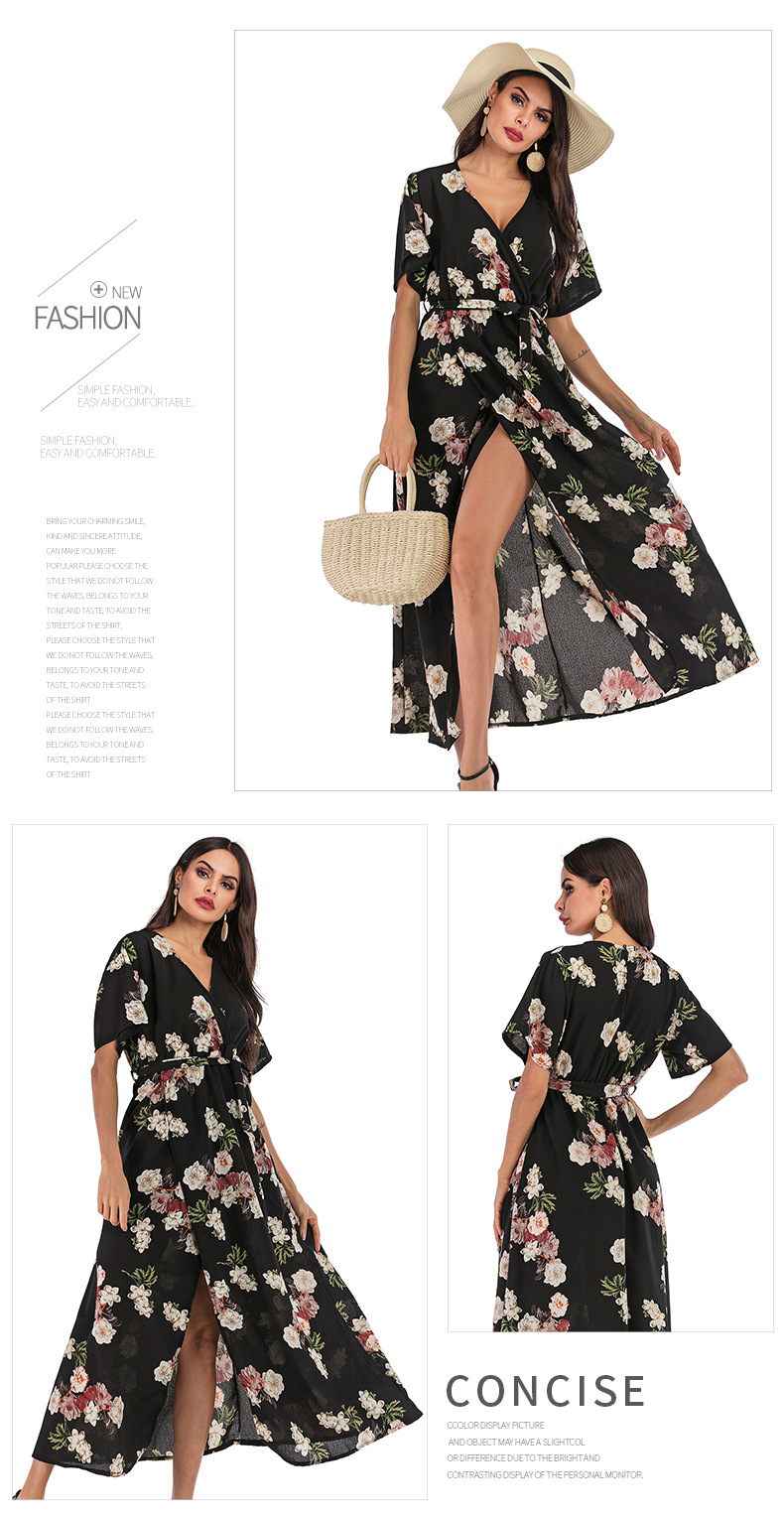 retro floral V-neck slit short-sleeved chiffon dress wholesale clothing vendor Nihaostyles NSDMB69670