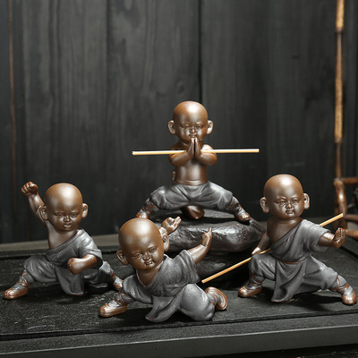 廠家批發黑金功夫小和尚紫砂茶寵擺件 陶瓷人物創意家居裝飾
