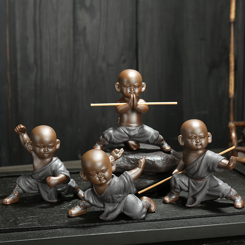 廠家批發黑金功夫小和尚紫砂茶寵擺件 陶瓷人物創意家居裝飾