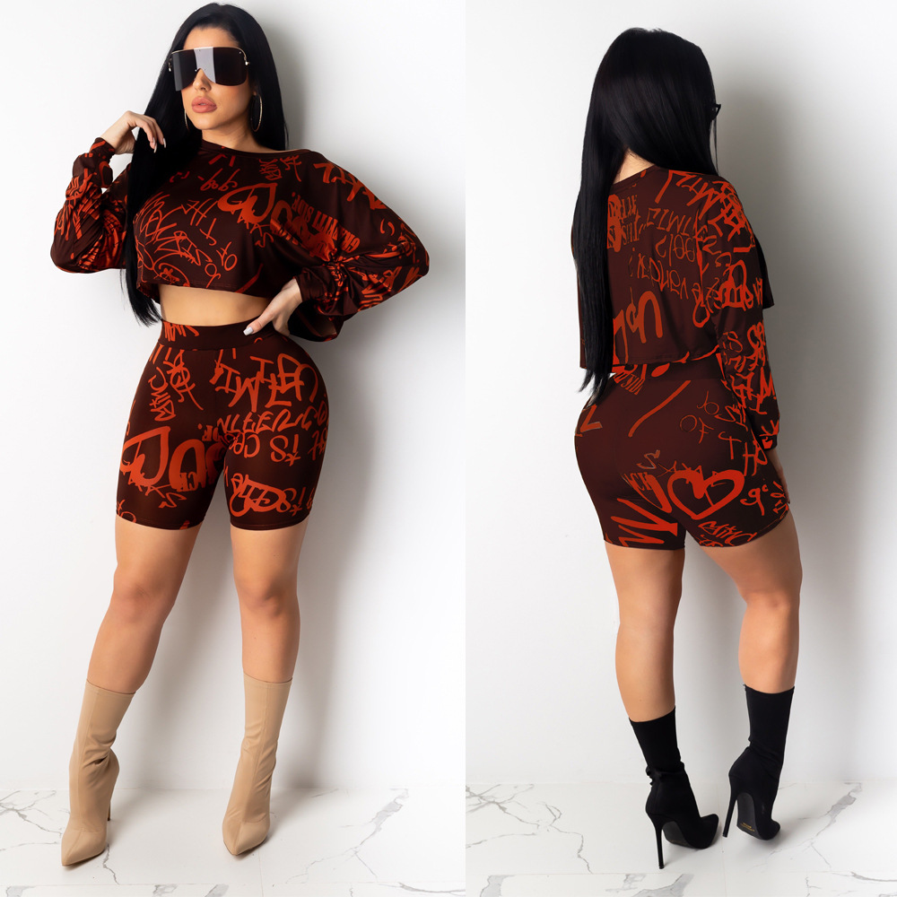 Round Neck Print Waist Shorts 2 Piece Set NSTYF72941