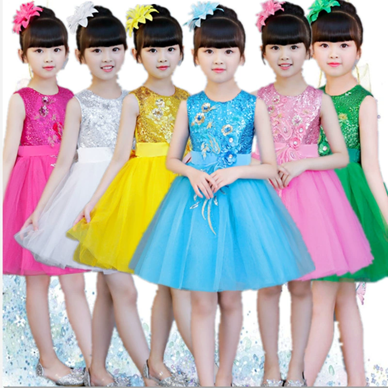Детское платье принцессы, костюм для выступления, понтонная юбка с пайетками, Хоровое платье для детского сада, одежда для танцевальных представлений для девочек