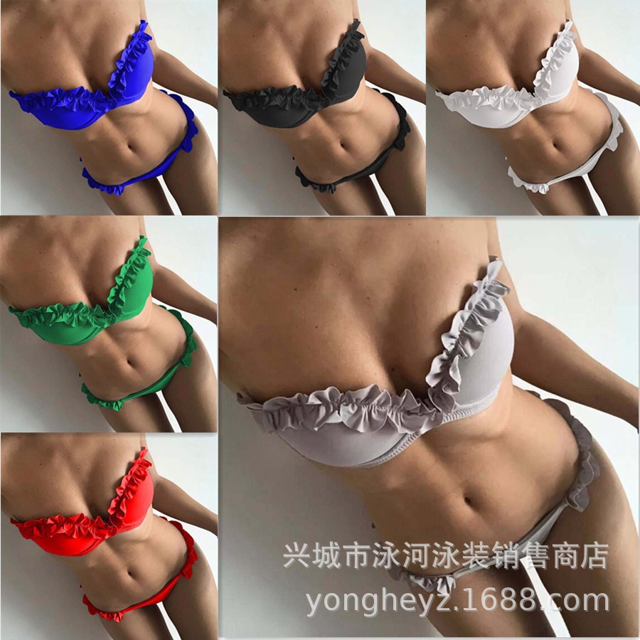 泳河泳装 爆款欧美2019花朵分体比基尼纯色硬包花边游泳衣bikini|ms