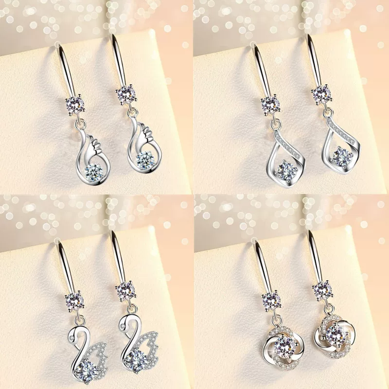 Серьги, серебряная мойка, цирконий, средняя длина, образец серебра 925, простой и элегантный дизайн, опт