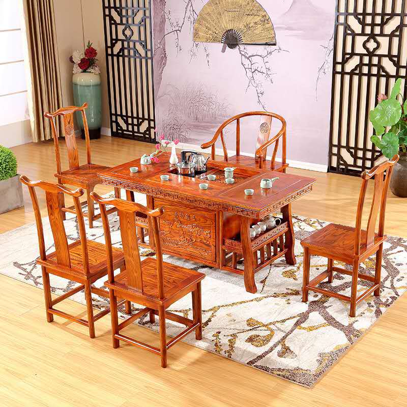 新中式实木茶桌椅组合仿古榆木茶台 办公室泡茶台 马到功成茶艺桌